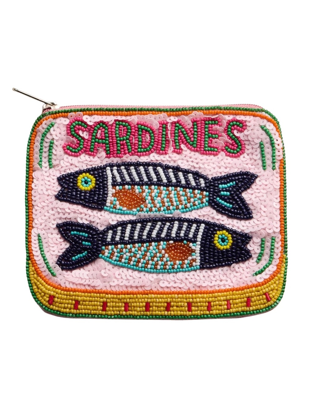 Beaded 'Sardines' Zip Pouch in Pink, Navy, Turquoise